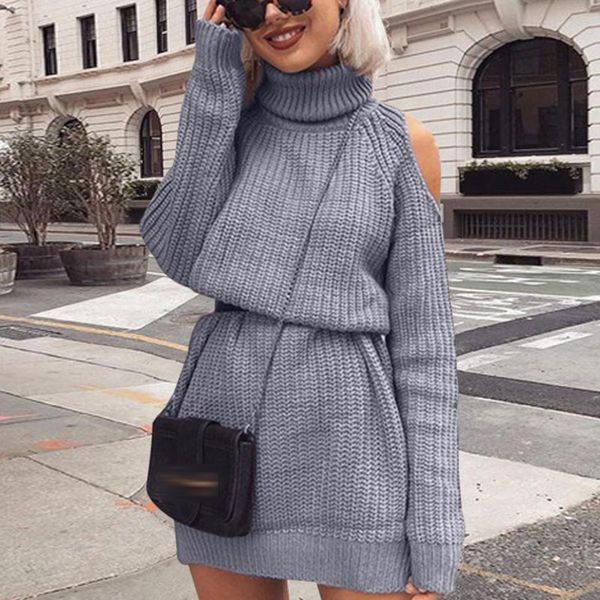 

autumn winter turtleneck off shoulder knitted sweater dress women solid slim plus size long pullovers knitting jumper, White;black