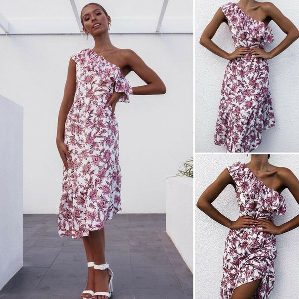 

women summer one shoulder chiffon dresses ladies evening party beach boho floral dress, Black;gray