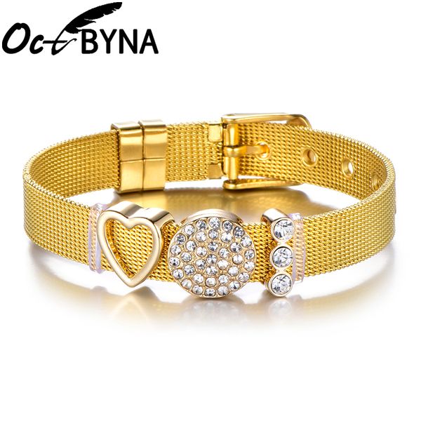 

octbyna fashion stainless steel rhinestone beads mesh bracelet for women metal wristband adjustable brand bracelet jewelry gifts, Golden;silver
