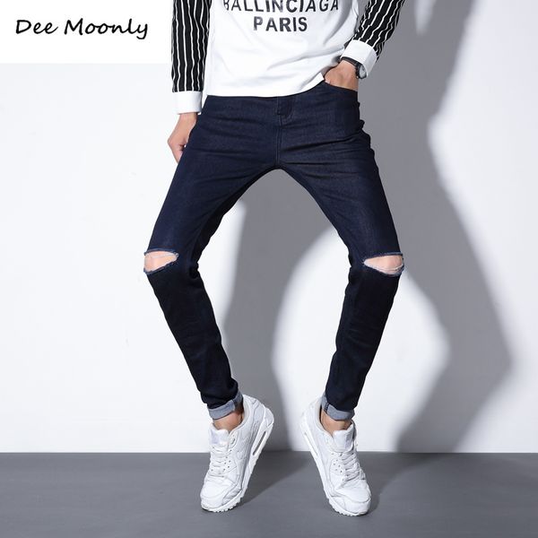 

dee moonly 2016 new arrival men's black jeans hole casual ripped jeans men skinny men denim trousers size 36, Blue