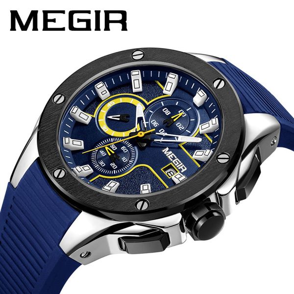 

megir men's sports watch quartz watches calendar waterproof silicone strap 2053g, Slivery;brown