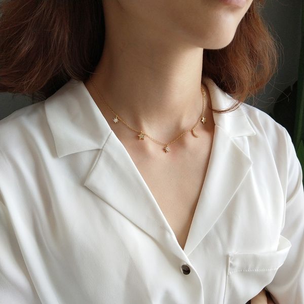

1pc authentic 925 sterling silver zirconia crescent moon &star pendant choker station statement necklace fine jewelry x116