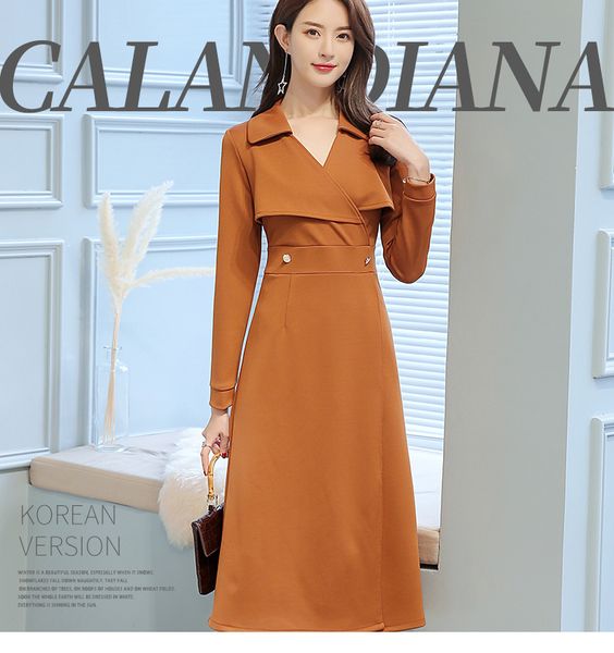 

brown big yards of pure color long sleeve dress fashion model, Black;gray