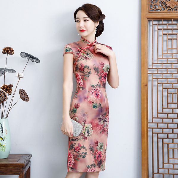 

slim vintage mandarin collar qipao traditional chinese dress vestidos women's satin qipao cheongsam size -4xl, Red