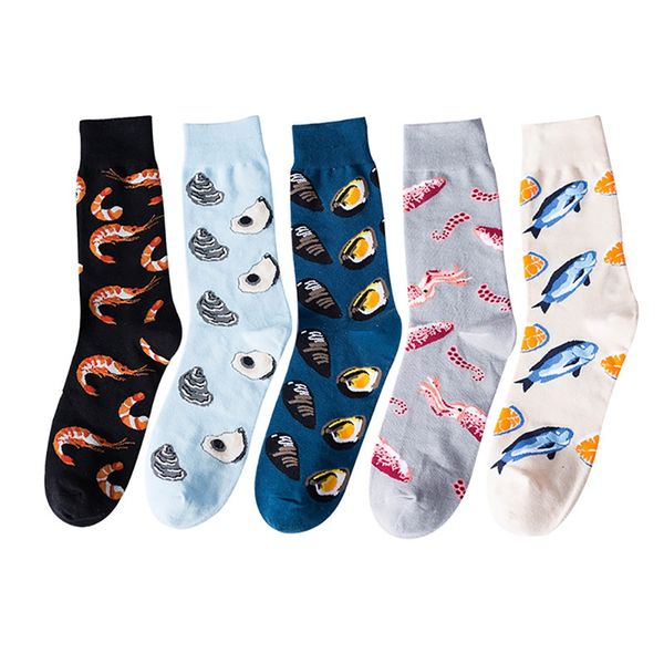 

1 pair casual crew socks seafood printed machine cotton anti-sweat hosiery outdoor sports cycling running women men, Black