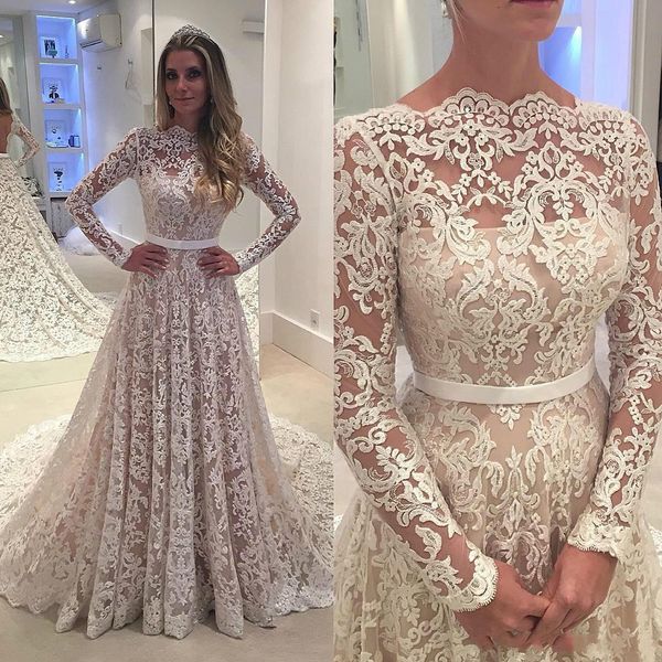 

robe de soiree long sleeves 2020 lace wedding dresses arabic lace sheer bateau neck custom made see through back bridal gowns with belt, White
