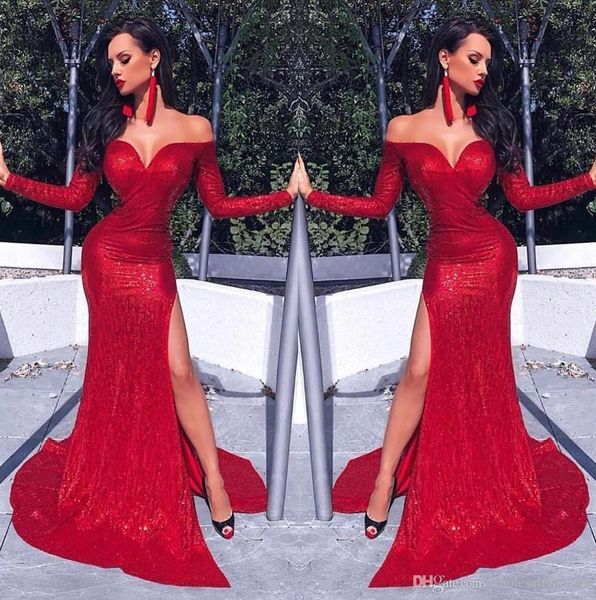 

red off shoulder sequined mermaid prom dresses long sleeves high side split floor length formal evening dresses robes de soirée vestidos, Black