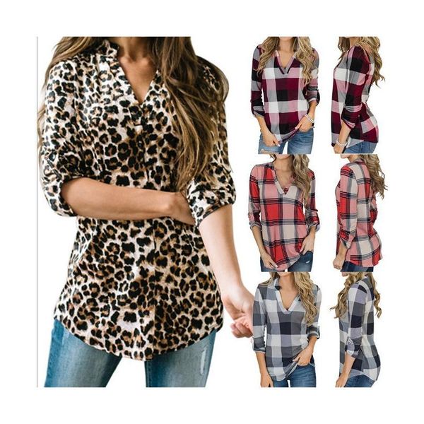 

women's casual plaid lattice lady long-sleeved v-neck slender collage mosaic stitching bows printed dyeing blouse shirts, White