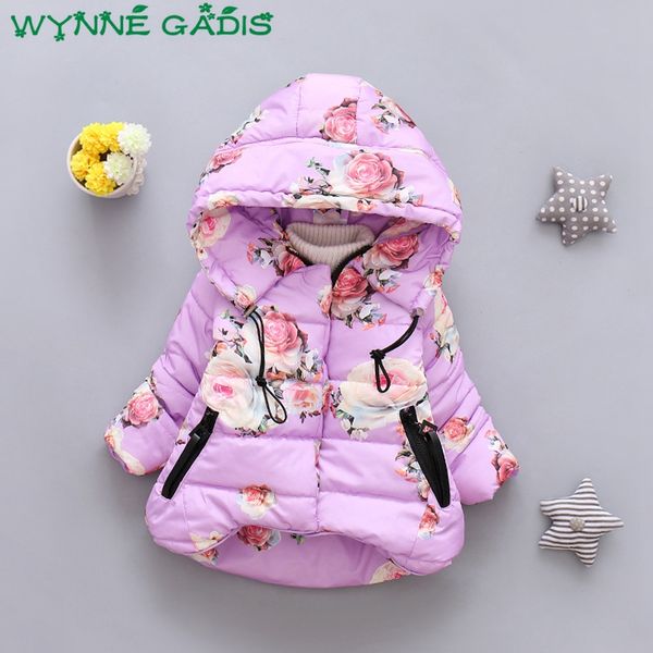 

wynne gadis winter baby girls floral print hooded thick warm snow wear outerwear cotton down coat princess kids parkas casaco, Blue;gray