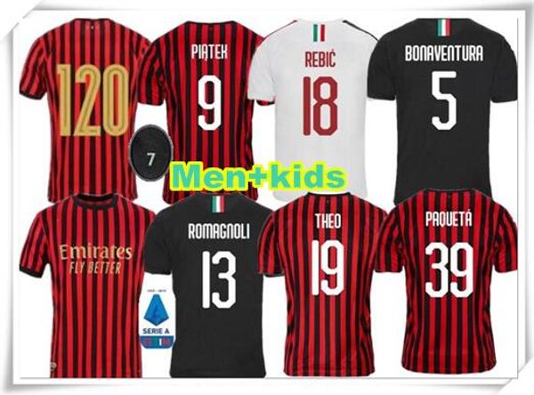 

19 20 ibrahimovic ac soccer milan jersey 120 years piatek suso 2020 football shirt mens kids kit sets uniform paqueta long sleeve jersey, Black;yellow