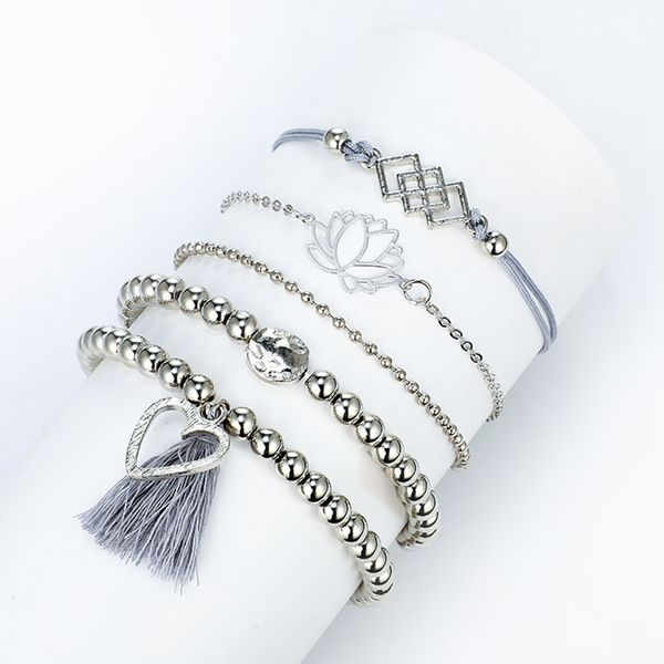

2019 new arrival new fashion individual lotus square love beads alloy bracelet 5 piece jewelry c502, Black
