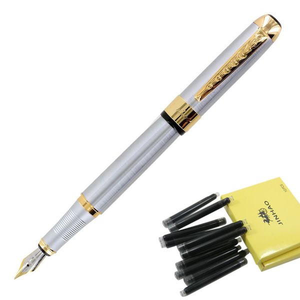 

2019 new 250 stainless steel gold trim fountain pen & 10pc black ink refills set#t2