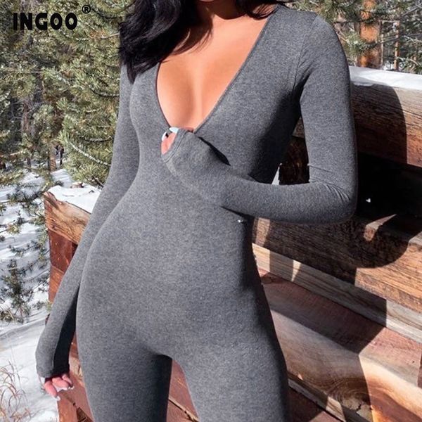 

ingoo fashion jumpsuit women street wear deep v bodycon sport romper long sleeve skinny gray fitness jumpsuits body top, Black;white