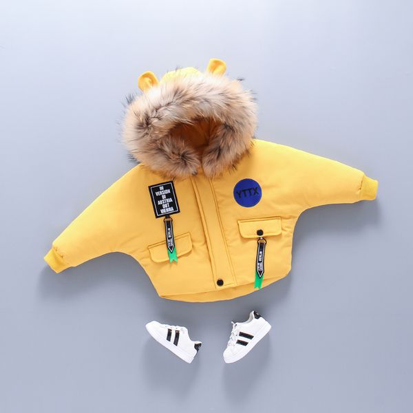 

children winter thick warm clothes 2019 new baby boys fashion hooded fur collar yellow coat girls cartoon pocket jacket 2-5years, Blue;gray