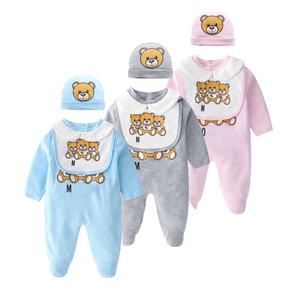 

spring autumn newborn baby rompers hairband briefs 3pc/set boys girls cotton infant cartoon bear long sleeve jumpsuit sleepsuits, Blue
