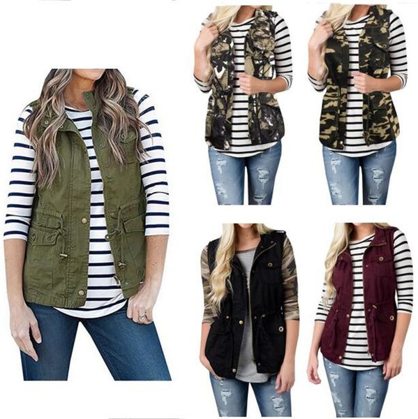 

multi pockets women waistcoat autumn winter sleeveless coats stand collar work outdoors hiking jacket trendy camouflage jacket a101601, White
