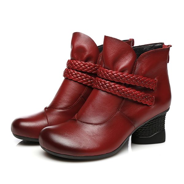 

ylqp women pumps genuine leather high heel shoes cowhide thick heels handmade shoe vintage style ankle boots retro booties, Black