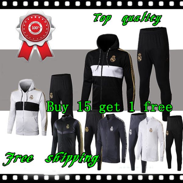 

2019 20 real madrid soccer hat jacket full zipper tracksuit 19 20 real madrid hazard maillots de bale football jacket sportswear set, Black