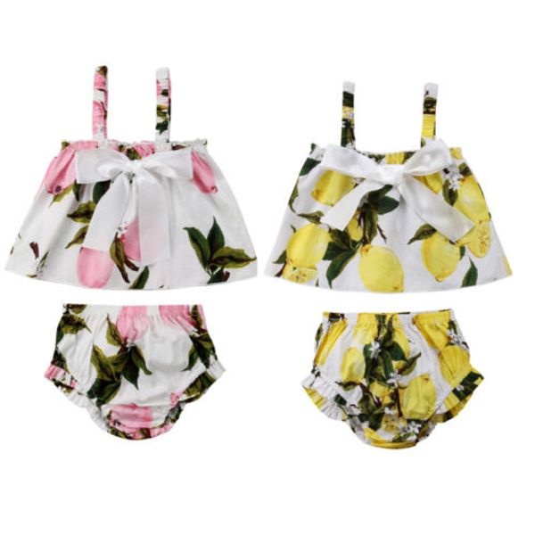 

2019 bowknot lemon newborn toddler girl t-shirt pants shorts 2pcs set, Pink;blue