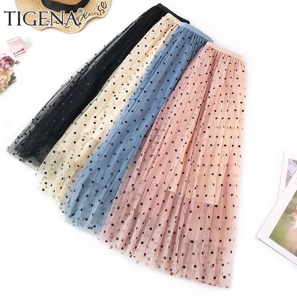 

tigena polka dot tulle skirt women fashion 2019 spring summer skirt female high waist pleated long maxi skirt white pink blue, Black