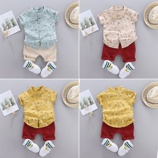 

summer toddler boy set baby boys casual short sleeve floral print shirt +shorts costume set, White