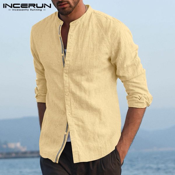 

incerun fashion men solid color business shirt social long sleeve cotton stand collar camisa casual brand shirt men autumn s-5xl, White;black