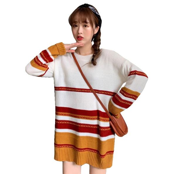 

new women's loose color matching striped round neck long sleeve sweater, White;black