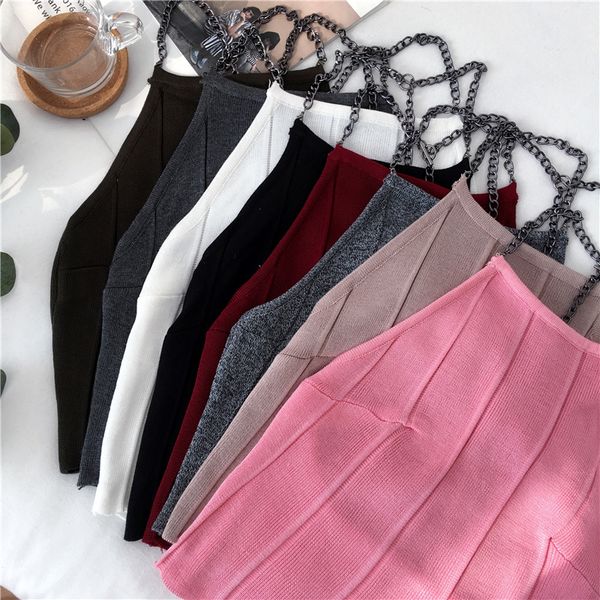 

crop топы топов crop танков camis женщина тонкой вязание холтер шеи бретели женщина ремней топов рукава твердых футболки тройники, White