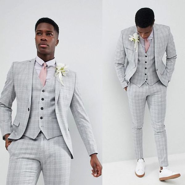 Luz Cinza Branco Xadrez Do Noivo Do Casamento Smoking Slim Fit Um Botão Mens Prom Designer Jaquetas Mais Novo Homem Ternos Blazer (Jaqueta + Colete + Calças)