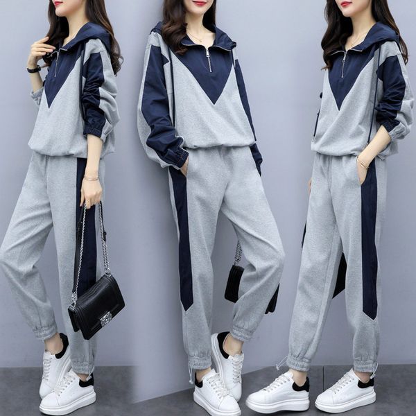 

2020spring new fashion wearing 2 piece set sports loose large size s-3xl harun pants women's patchwork hooded tracksuits clothes, White