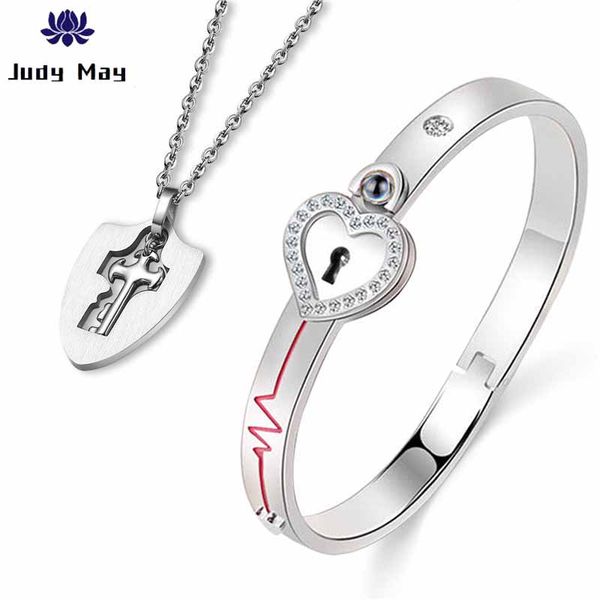

creativity love heart lock key necklace set with 100 languages i love you projection bangles stainless steel lovers jewelry gift, Black