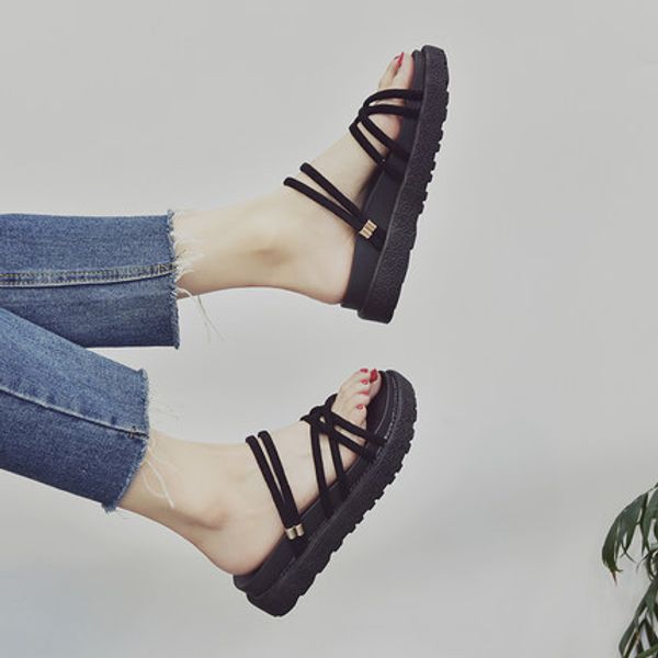 

ins sandals and slippers 2020 new summer fashion korean version of the wild platform net red hong kong wind beach shoes, Black