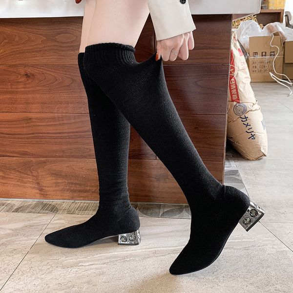 

women boot 2020 stretch fabrics over the knee boots height high heels round toe women shoes autumn winter casual long boots, Black