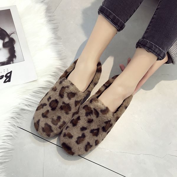 

women's loafers leopard design flock round toe slip-on casual shoes fashion warm soft and comfortable peas shoes zapatos u16-97, Black