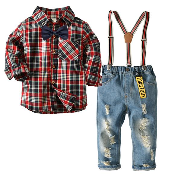 

boys baby long sleeve plaid shirt and jeans suspenders kids overalls casual chlidren boy christmas suit set clothes cotton, White