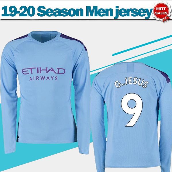 

2020 long sleeves city home soccer jerseys 19/20 blue #9 g.jesus #10 kun aguero #19 sane soccer shirts full sleeve football uniforms, Black;yellow