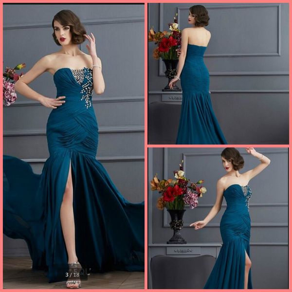 

vestido de festa blue mermaid beaded chiffon formal evening dress strapless sweetheart neck pleated with slit evening gowns ing, Black;red