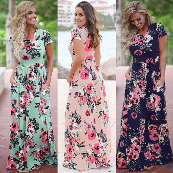 

Wedding Guest Dress Long Party Elegant Bridesmaid Multi-color Short-sleeved Elastic Waist Print Large Size for Occasions Prom