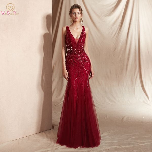 

wine red prom dresses luxury beading champagne mermaid sleeveless lace v neck backless long floor length elegant evening gowns, White;black