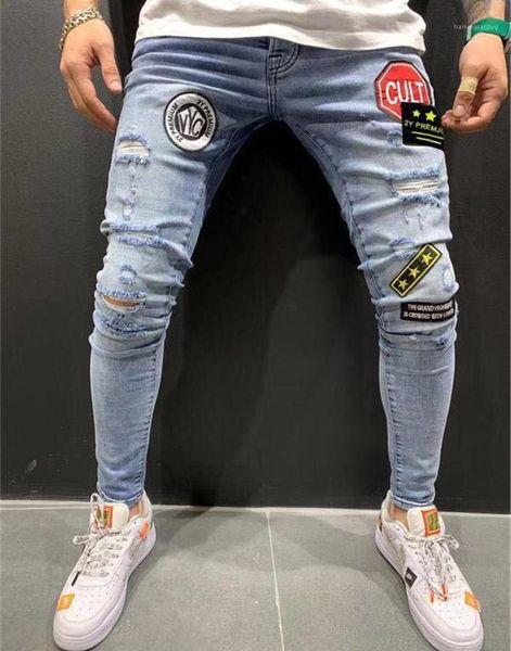

узкие отверстия джинсовые брюки карандаш мода homme street хип-хоп джинсы мужские дизайнерские джинсы патчи обшитые панелями стрейч, Blue