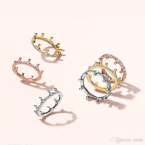 

18k rose gold yellow gold plated enchanted crown ring original box for pandora 925 sterling silver cz diamond women wedding ring set