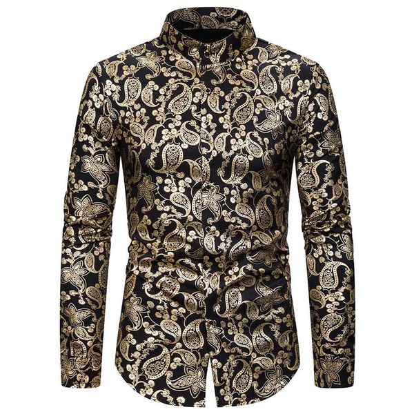 

men's paisley floral gold print dress shirts 2019 luxury design slim fit long sleeve shirt male party prom wedding camisa, White;black