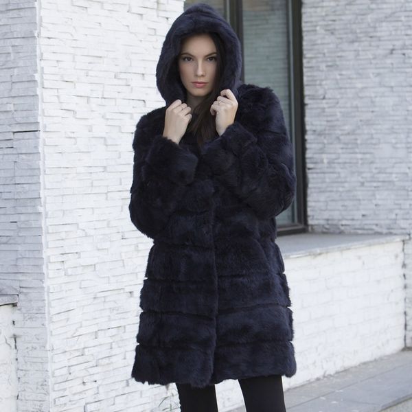 

2019 new long natural real fur coat with fur hooded warm soft winter outerwear jacket female natural, Black