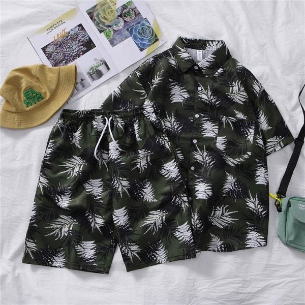 

men's tracksuits men hawaiian shirts set 2021 leave floal print mens t shirt +shorts beach short sleeve tracksuit summer male clothing, Gray