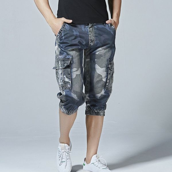 

men's jeans fashion mens camouflage denim shorts multi-pockets style jogger short large size casual pants male, Blue