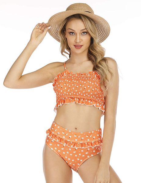 

women high waisted floral swimsuits push up bandeau bikini shirred bathing suit, White;black