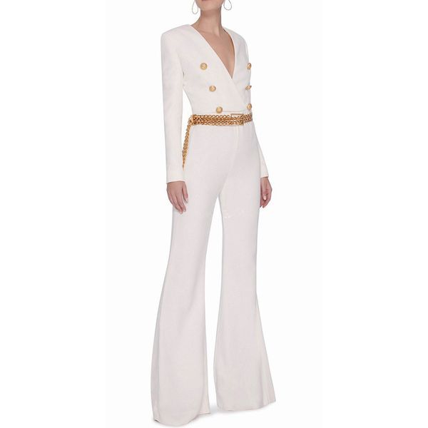 

high street fashion 2018 designer jumpsuit women's lion buttons double breasted boot cut flare jumpsuit rompers, Black;white