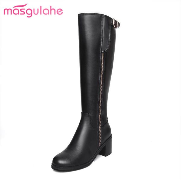 

masgulahe fashion knee high boots skid resistance buckle genuine leather boots zipper round toe winter for womens shoes, Black