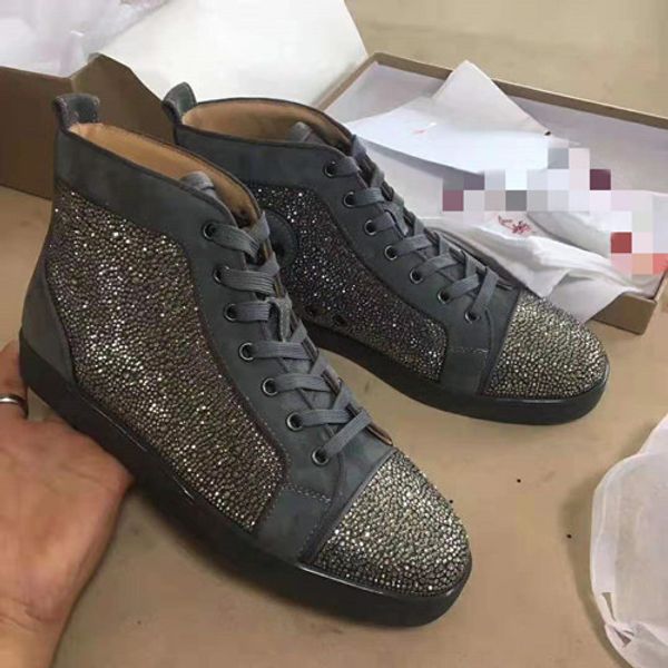 

original box rhinestone crystal leather high junior red bottom sneakers shoes louisflats skateboard men women outdoor sports casual, Black