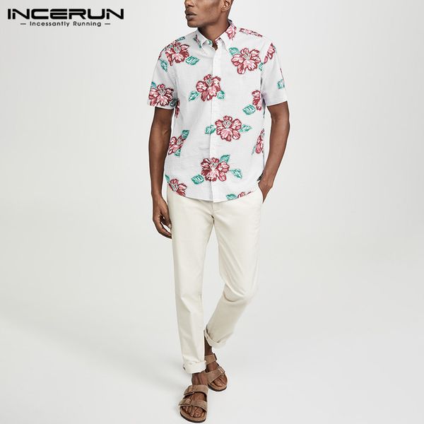 

men's casual shirts incerun man flower floral blouse fashion loose comfy hombre chemise men printed causal short sleeve lapel s-3xl, White;black